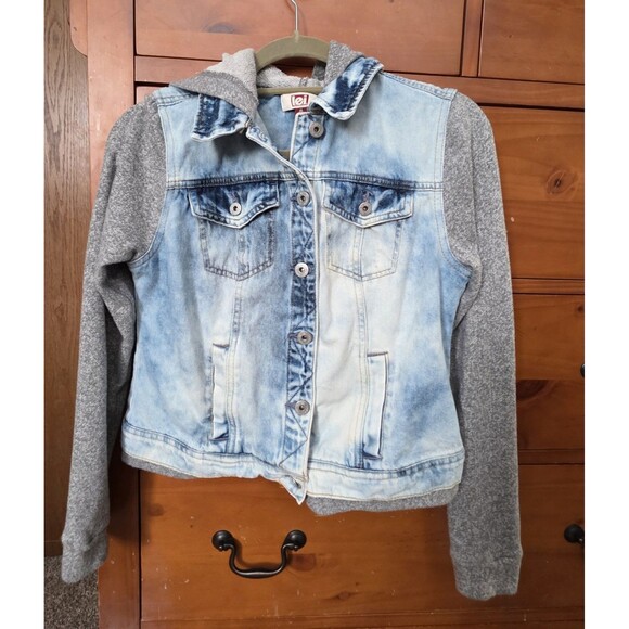 lei Jackets & Blazers - L.E.I.  Jean Jacket Juniors Medium Cropped Stonewash Sweatshirt Sleeves Hood